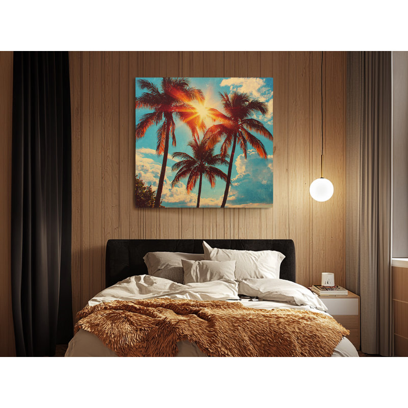 «Tropical Palm Trees Sunset», impression sur toile tendue sur toile, bleu côtier et plage orange, 30 po x 30 po