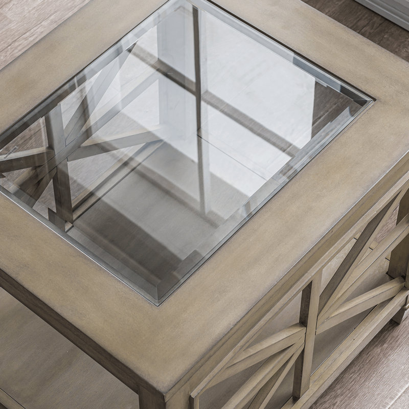 Glass Top Farmhouse End Table with Storage Shelf, Gray Wood Accent Side Table with Decorative X-Cross Panels for Living Room