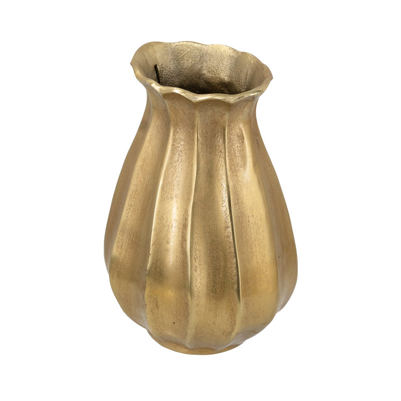 6.5X6X10.5" Scalloped Aluminum Vase With Metallic Gold Finish