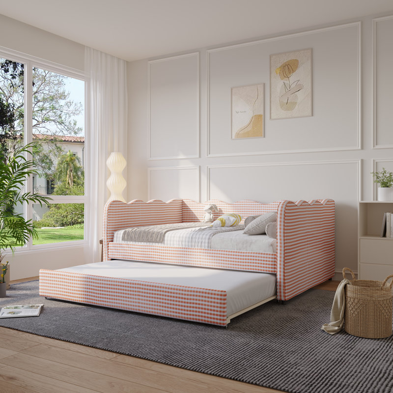 Linen Upholstered Gingham Daybed With Trundle, Usb Charging Port & Wave-shaped Design, No Box Spring Needed, Pink