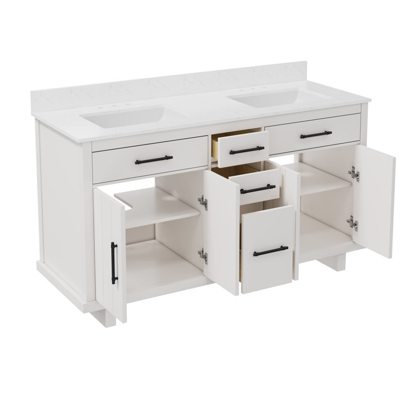 Meuble-lavabo double 60 po avec plateau en marbre 60 po entièrement assemblé, blanc, Blanc
