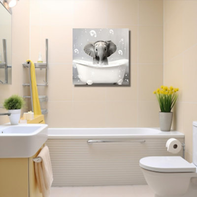 Funny Elephant In Bathtub Unframed Canvas Wall Art 16" X 16"