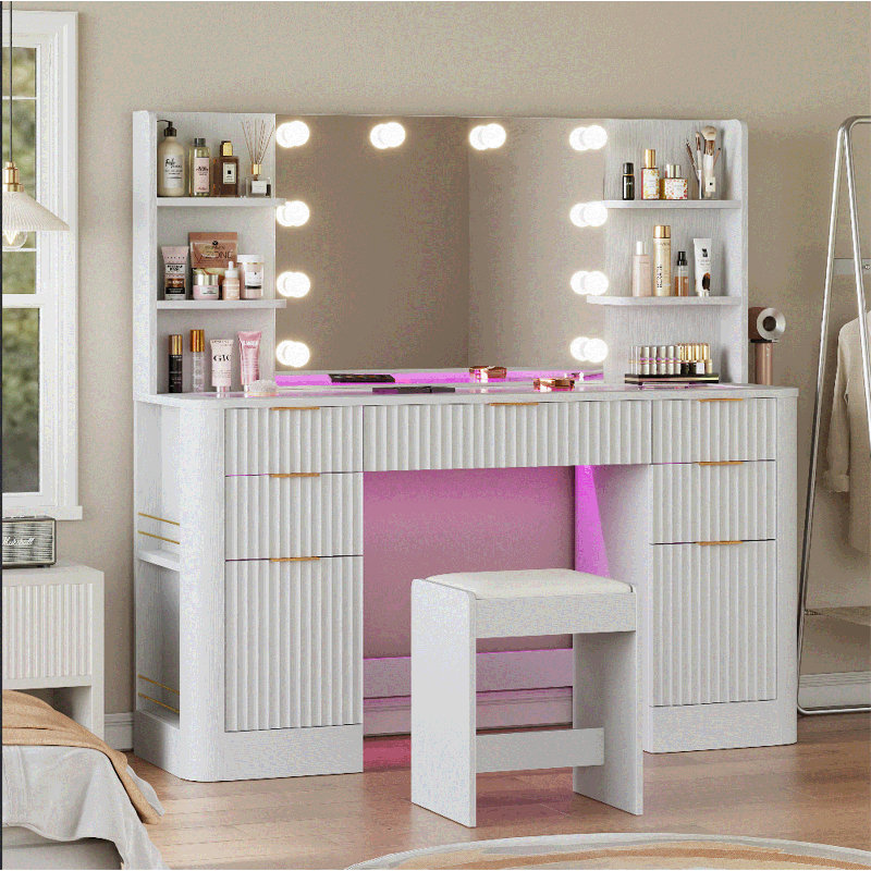 51.8" Fluted Vanitys Desk Set, Large Makeup Table with 360 Color RGB Glass Top, Vanity Desk with 7 Drawers & Power Outlets, for Women and Girls, Bedroom or Dorm, Natural Oak