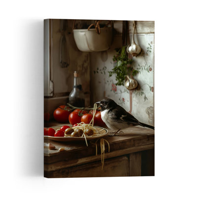 Bird Stealing Spaghetti Playful Rustic Vintage Bird Nature Wall Art Print