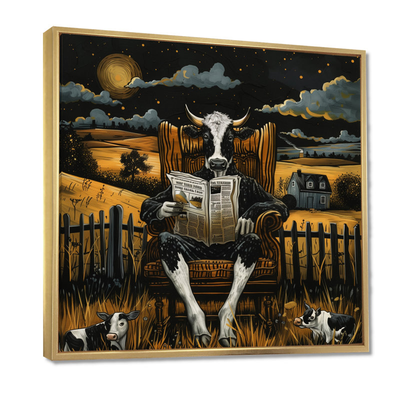 Vache lisant dans le pré sur une chaise - vache, art mural animal, Toile avec cadre flottant or, H 36 po x l 36 po x P 1,5 po