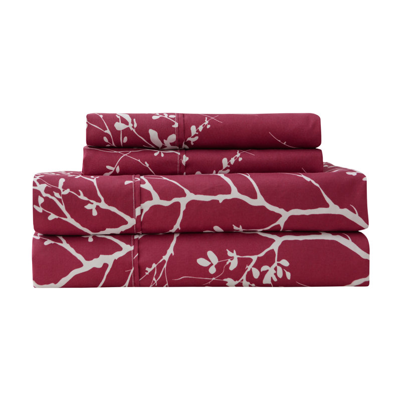 Ensemble de draps en microfibre Foliage, Bourgogne/Ivoire, Drap pour taille de lit double avec drap-housse et