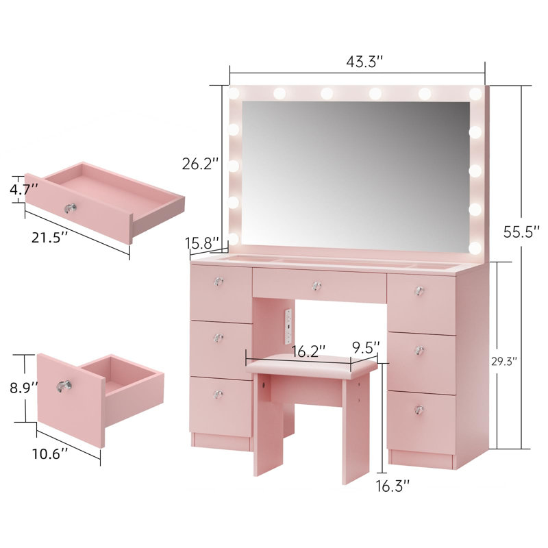 Greyden 7-Drawer Lighted Mirror Vanity Set with Charging Station, Pink