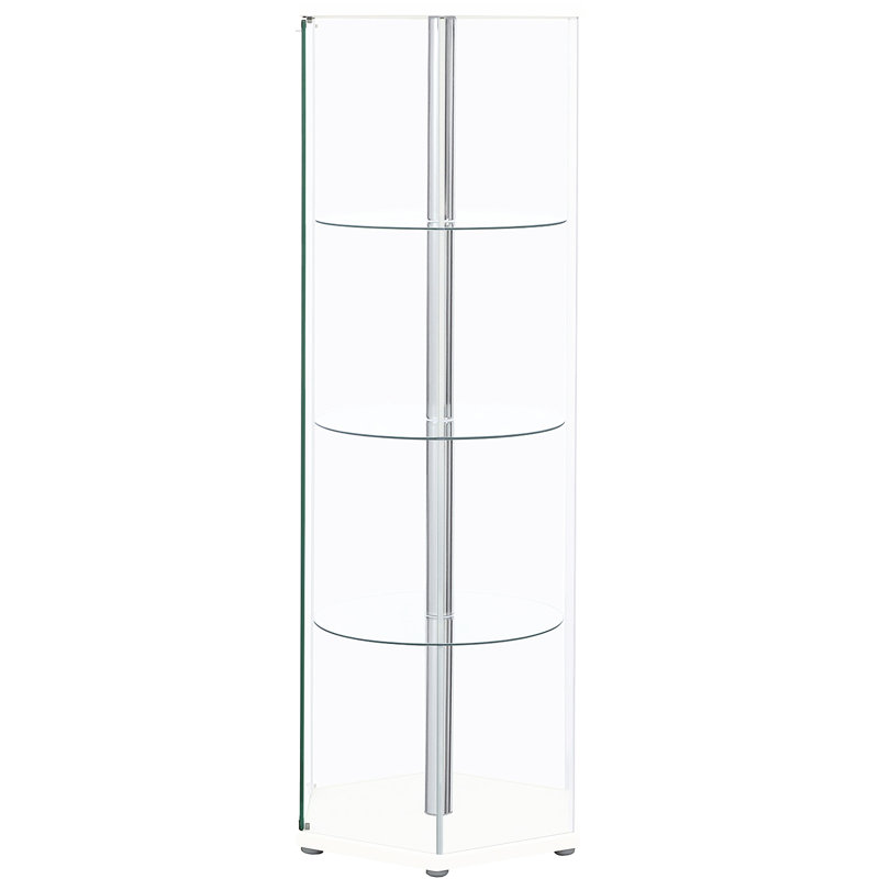 Vitrine hexagonale en verre transparent blanc à quatre tablettes pour ranger les essentiels avec style pour créer une ambiance aérée et aérée