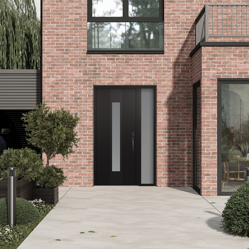 Porte d'entrée avant à panneau en acier avec panneau latéral gauche, L 51,25 po x H 81,69 po, Givré, Noir / blanc