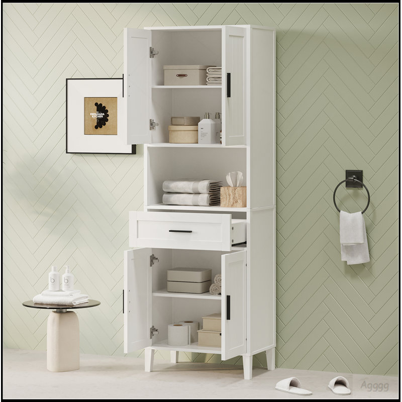 Grande armoire autoportante de 70,9 po de hauteur avec tiroir, 2 armoires, 4 portes à fermeture en douceur, 2 tablettes réglables, rangement ouvert, pour la salle de bain, le salon, la salle de lavage