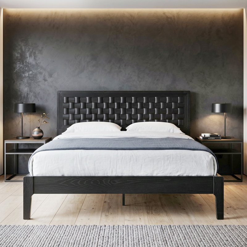 Squaro Mid-Century Modern Solid Wood Bed Frame with Woven Headboard - Queen Size in Ebony Black, Ebony Black , Queen