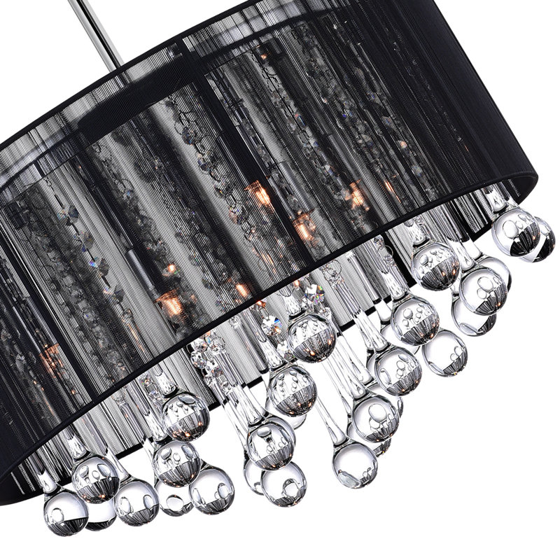 6 Light 18in Chrome Chandelier with Black Shade with Crystal Drops, Black