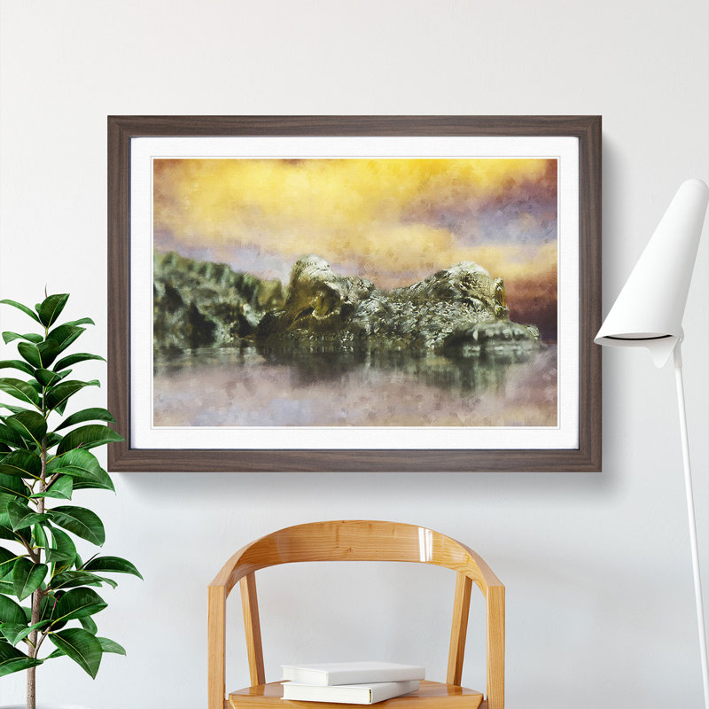 Crocodile - Picture Frame Painting, Walnut Framed, 27cm H x 36cm W x 2cm D