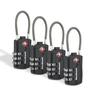 Cadenas à combinaison Kwikset homologué TSA avec câble, 3 chiffres, corps de 30 mm, ensemble de 4, noir