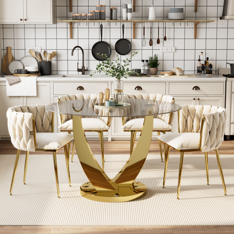 47.2" Round Glass Dining Table Set for 4, Clear Round Kitchen Set with 4 Upholstered Velvet Chairs, for Kitchen, Dining and Space Saving