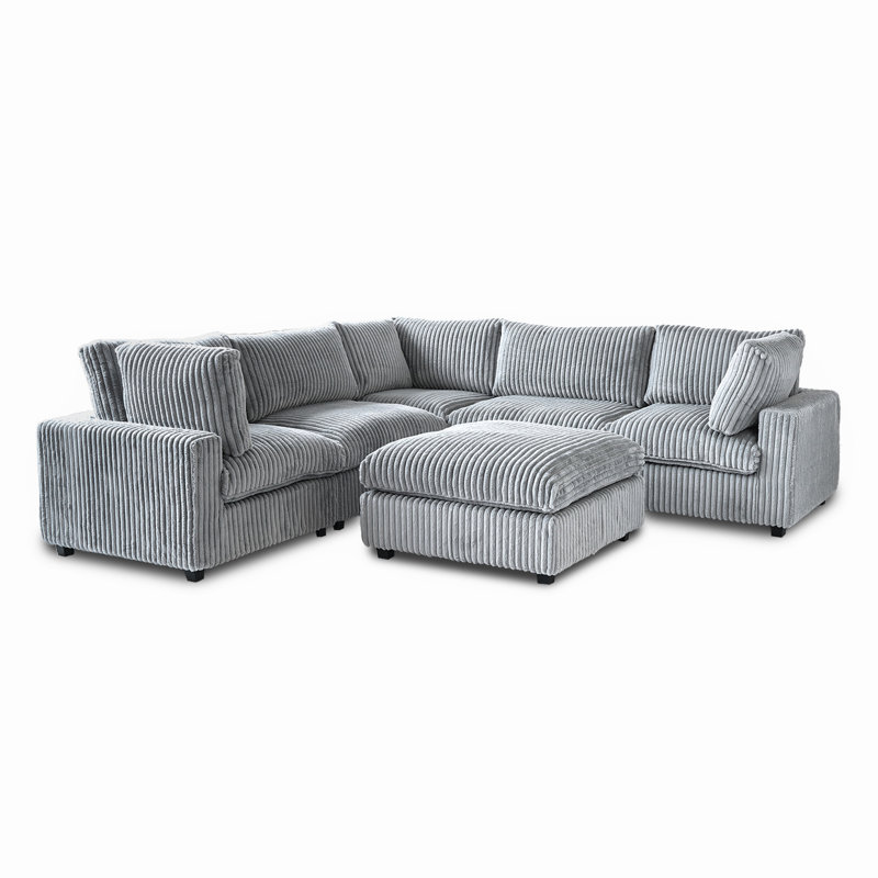 6 - Piece Upholstered Sectional With Ottoman, Gray Faux Fur