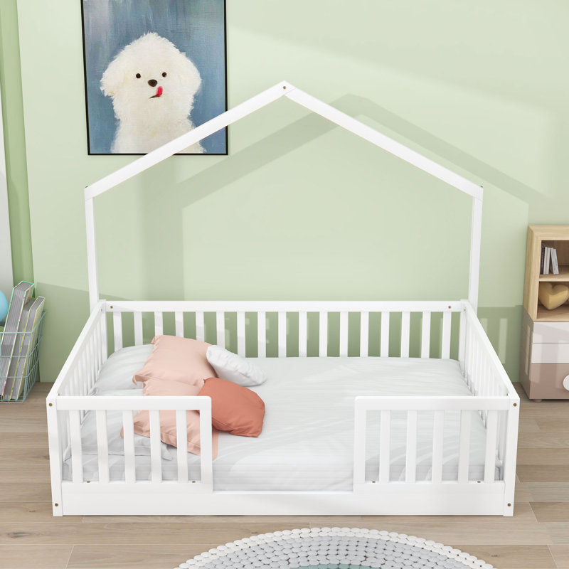 Wood Floor Bed With High Rails And LED Light, Full