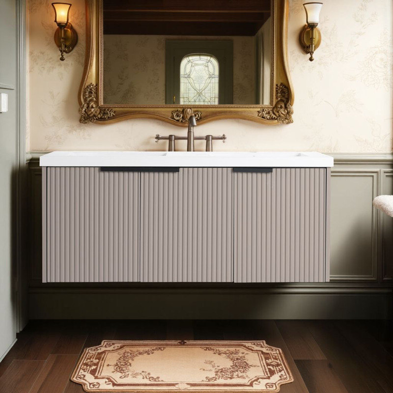 Meuble-lavabo flottant 48 po - Lavabo double en résine, portes ondulées, charnières à fermeture en douceur?, Gris