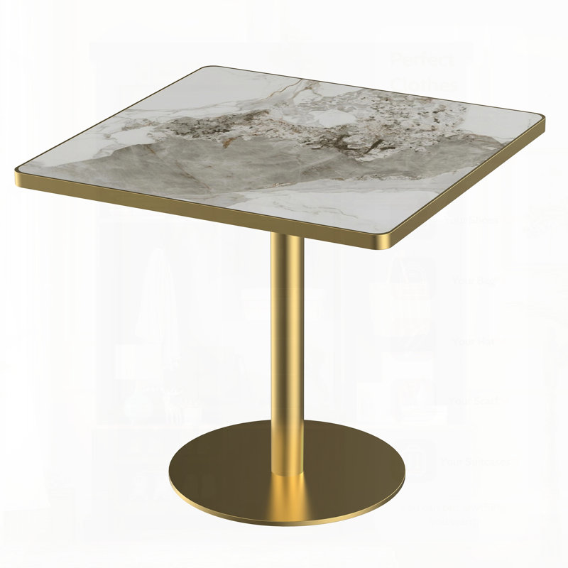 Table bistro carrée moderne avec plateau en faux marbre, assemblage facile, structure en métal robuste, parfaite pour les petits espaces