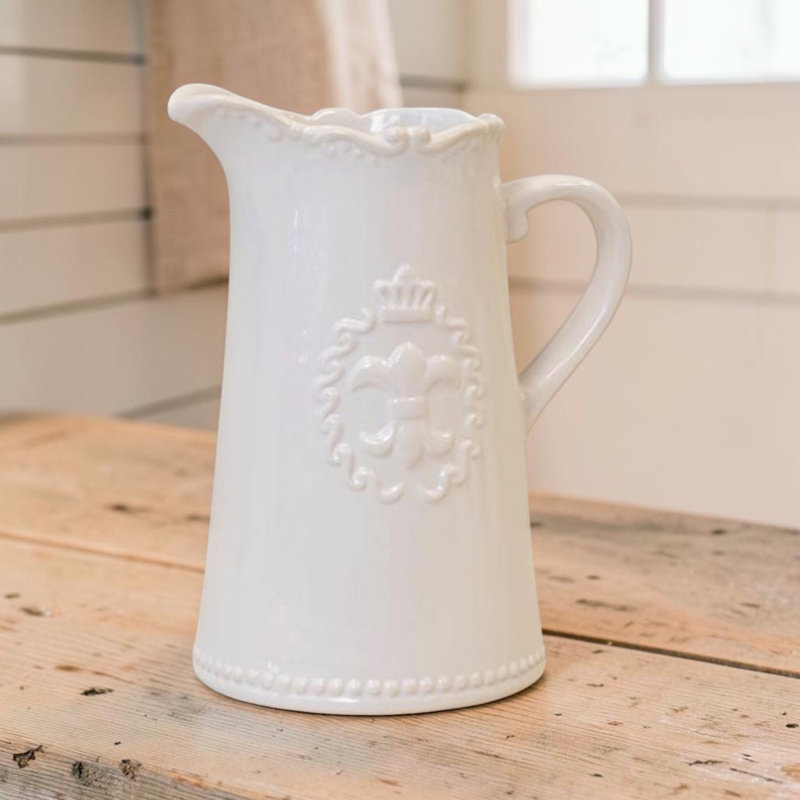 White Ceramic Fleur De Lis Jug 19cm