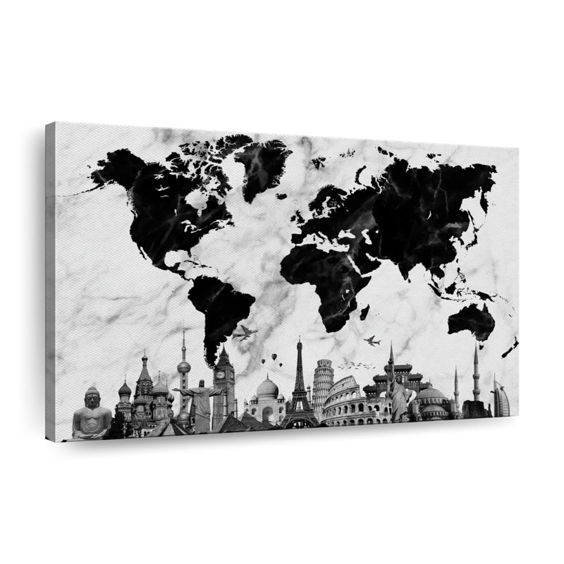 Carte du monde en marbre sur toile, H 8 po x l 12 po x P 1 po