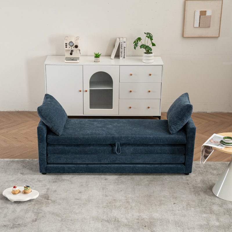 Azareu Boneless Convertible Sofa Bed, Modern Loveseat Sleeper with Pull Out Bed, Folding Floor Couch with 2 Pillows, Navy