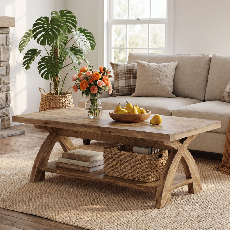 Table basse en bois massif avec tablette de rangement, table centrale rectangulaire rustique, Brun
