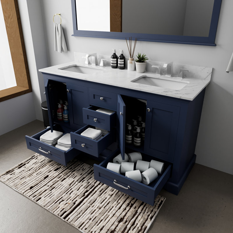 Meuble-lavabo double l 60 po x P 22 po Dukes, Marine, Marbre de Carrare blanc