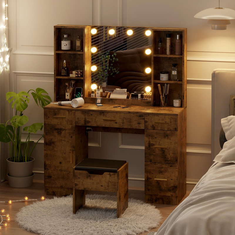 Meuble-lavabo moderne avec lumières DEL, tablettes de rangement et tabouret, luminosité réglable, coiffeuse pour femmes et filles, brun