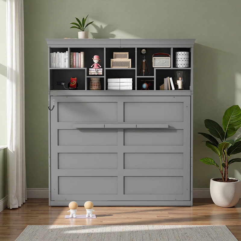 Grand lit escamotable mural avec tablettes supérieures et USB
