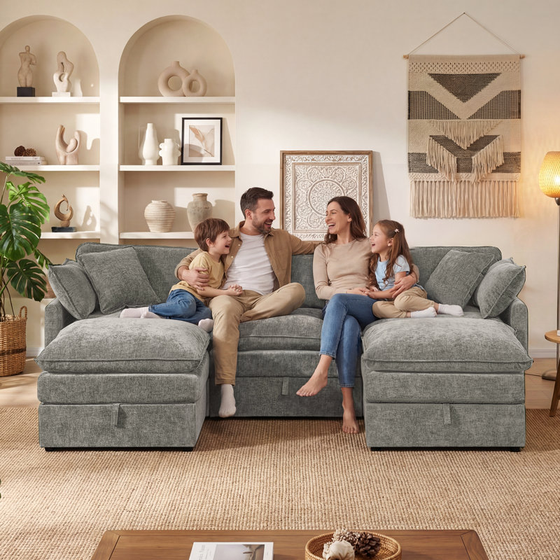 Canapé modulaire en U en chenille 103 po avec sièges de rangement George, Gris chenille