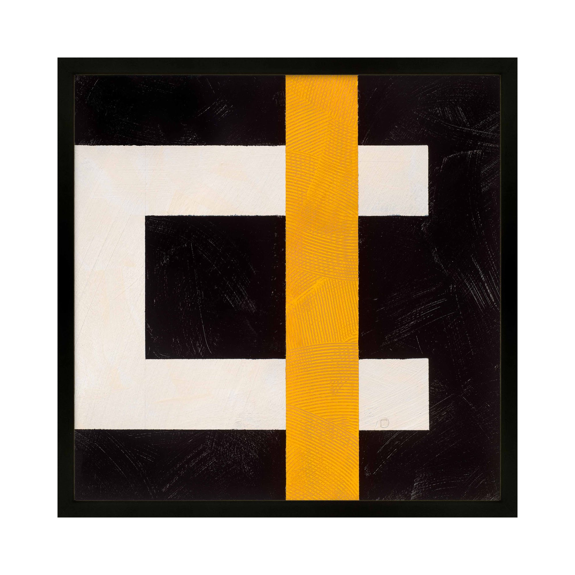 Composition With Yellow 3 by Robert Kamnatnik, 24" H x 24" W x 1.25" D, Black Framed Paper