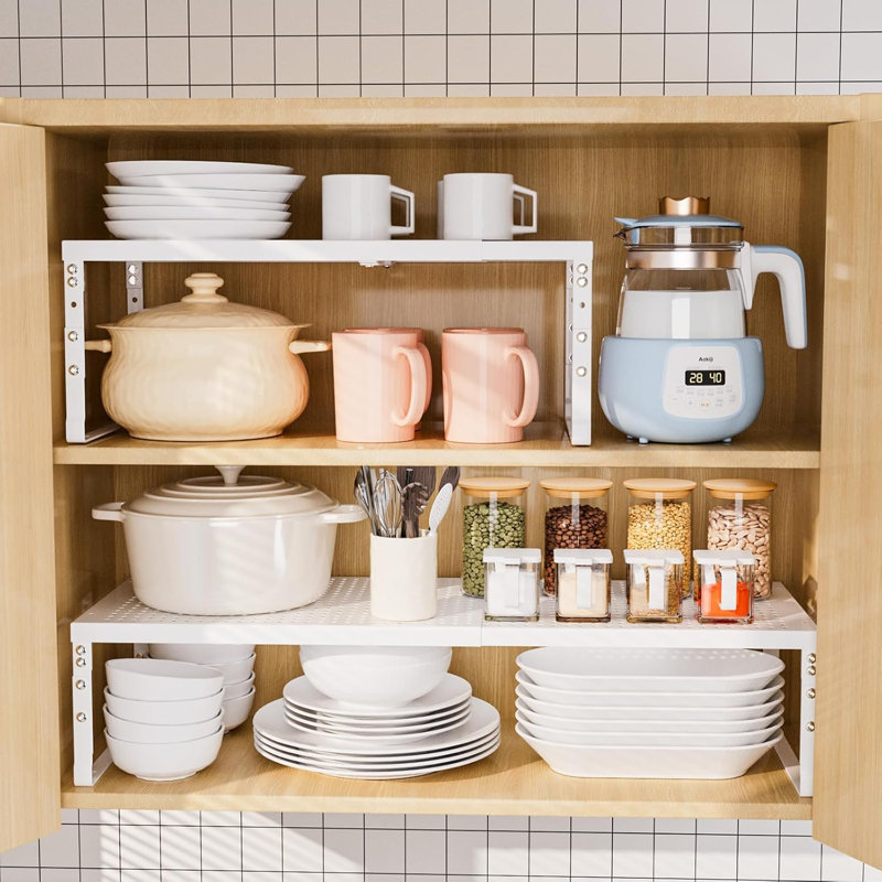 Expandable Adjustable Stackable Multi-Purpose Spice Racks,Metal Storage Rack, Practical Kitchen Pantry Shelves, Countertop(1Pack/White,Medium)