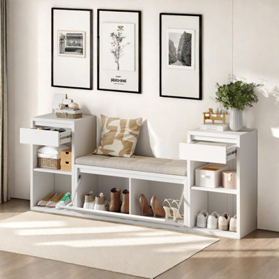 Banc de rangement pour hall d'entrée avec coussin, tiroirs, tablettes et rangement pour chaussures rabattable