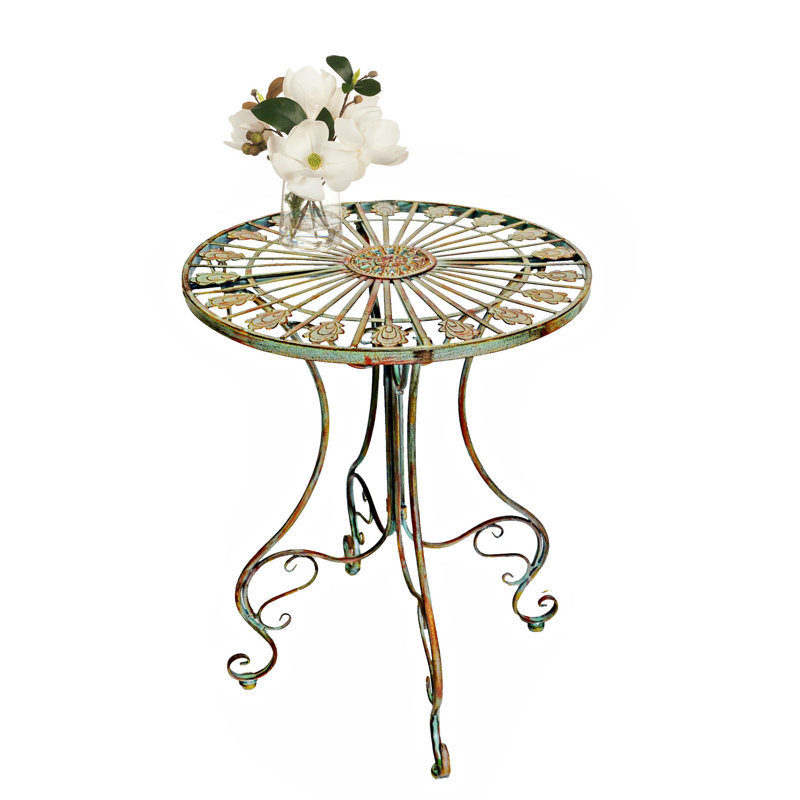 Culbreath Verdigris Green Metal Bistro Table with Curved Legs Scrolling Heart & Peacock Tail Motif