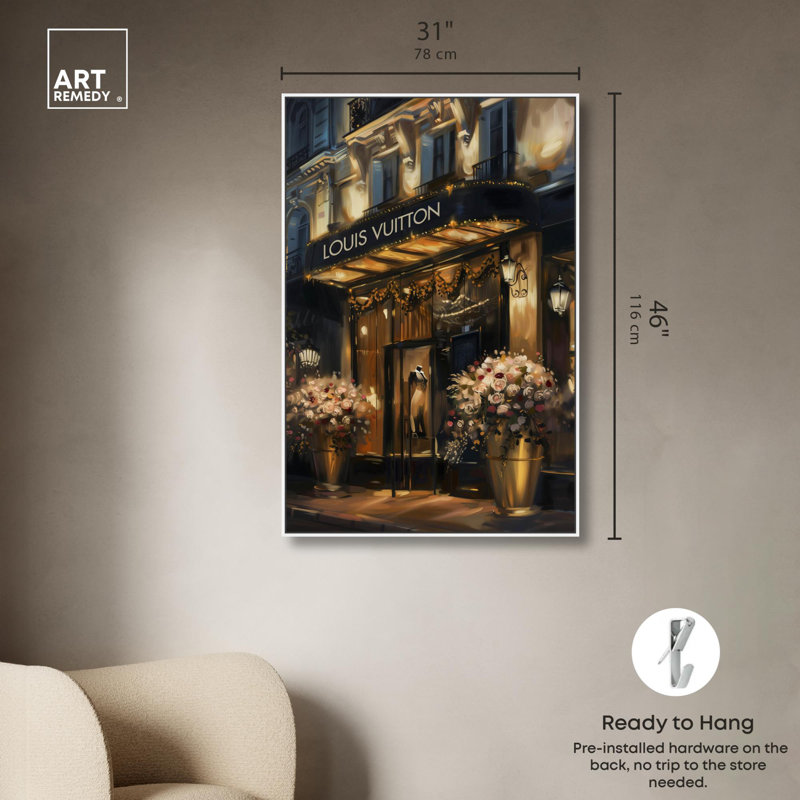«Elegant Night Storefront» par Art Remedy, H 46 po x l 31 po, Reproduction encadrée sans passe-partout, Blanc