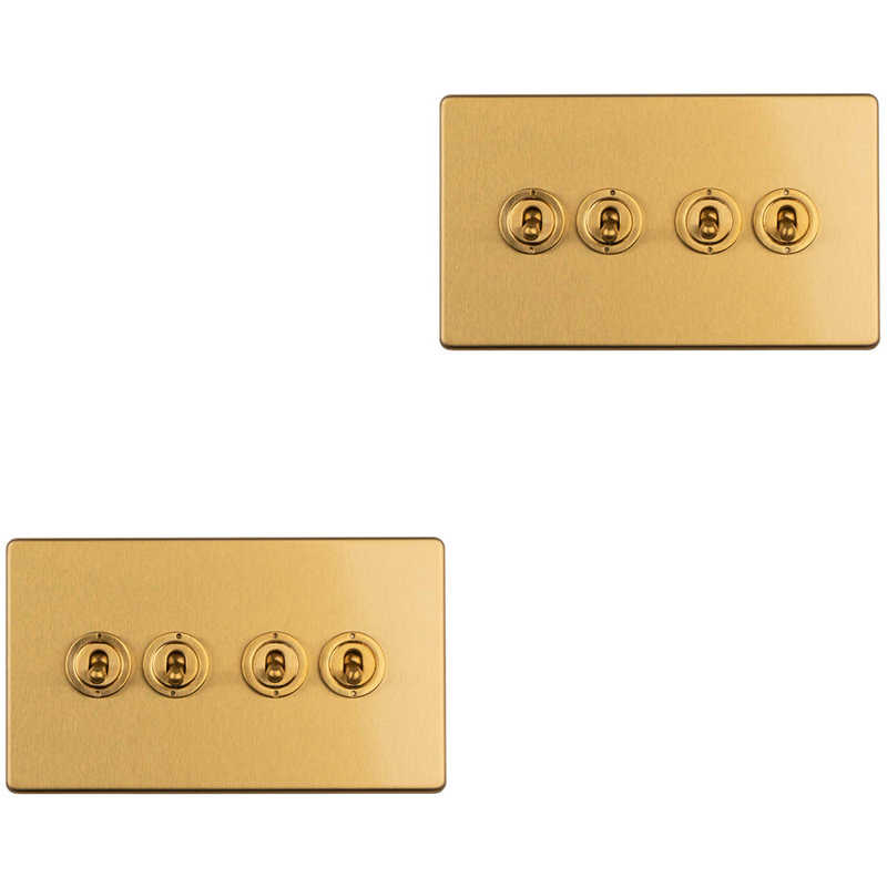 2 PACK 4 Gang Quad Retro Toggle Light Switch SCREWLESS POLISHED CHROME 10A 2 Way, Gold, Brass