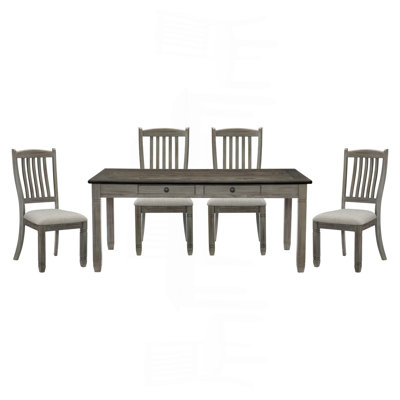 Ensemble de salle à manger 5 pièces gris antique et fini café avec 6 tiroirs et 4 chaises d'appoint de style campagnard décontracté