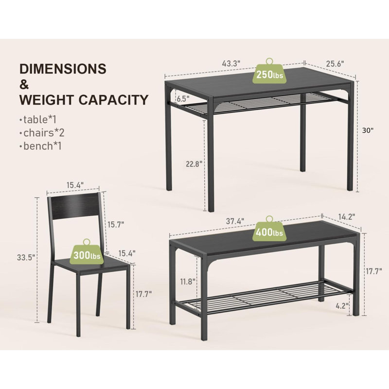 Table de cuisine et 2 chaises pour 4 avec banc, ensemble de table à manger 4 pièces pour l'espace, appartement