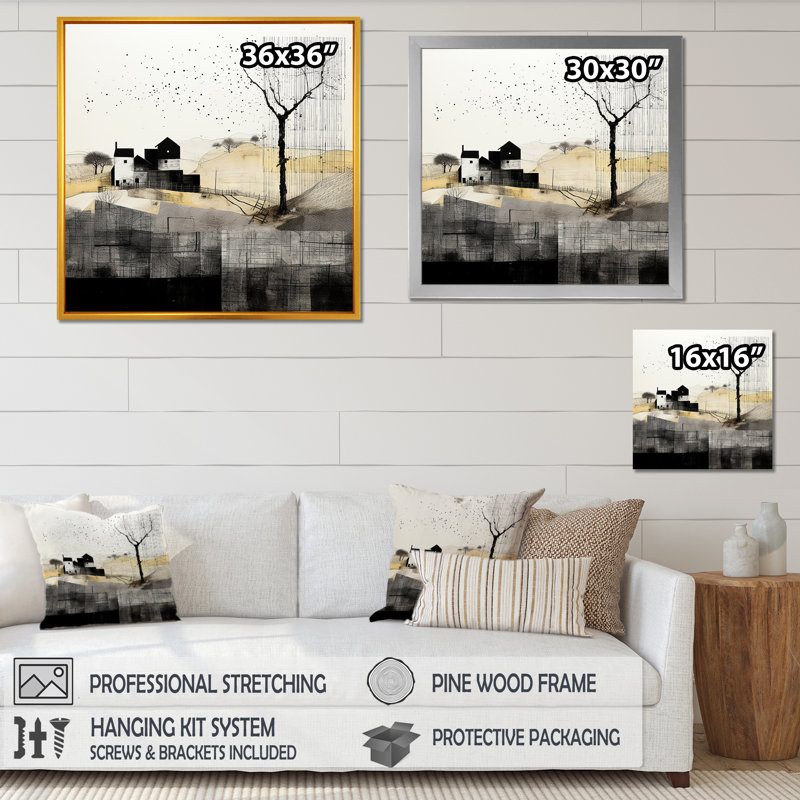 Minimalisme campagne noir et blanc I, Toile tendue, H 16 po x l 16 po x P 1 po