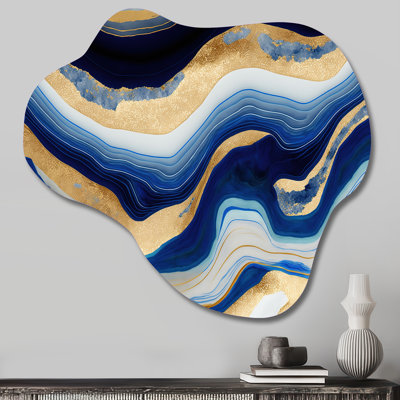 «Vibrant Blue and Gold Flow Art IV», asymétrique, décoration murale transitionnelle en métal, reproduction murale sculpture en métal