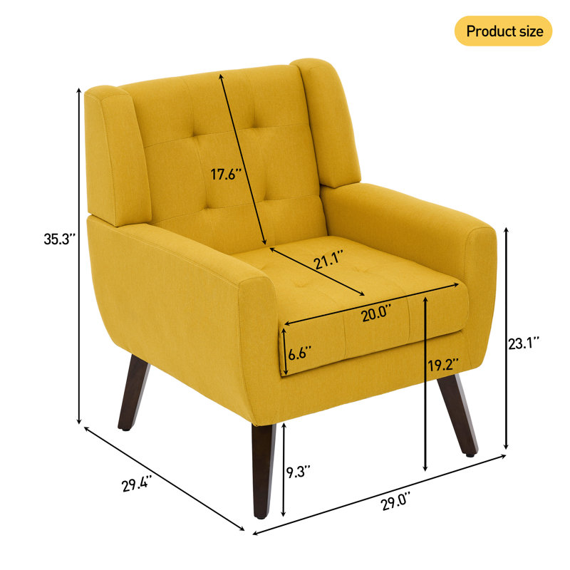 Yellow Linen Tufted Accent Armchair Set with Solid Wood Legs