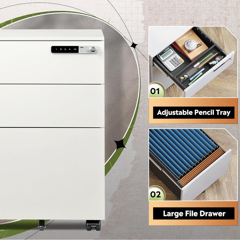 3 Drawer Mobile File Cabinet With Combination Lock, Fully Assembled Metal Filling Cabinet Except Wheels, White