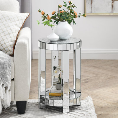 Table de bout ronde en cristal avec incrustations de miroir - 2 couches argentées pour chambre à coucher moderne, option décorative de salon avec pièce, rangement et décoration de chambre à coucher