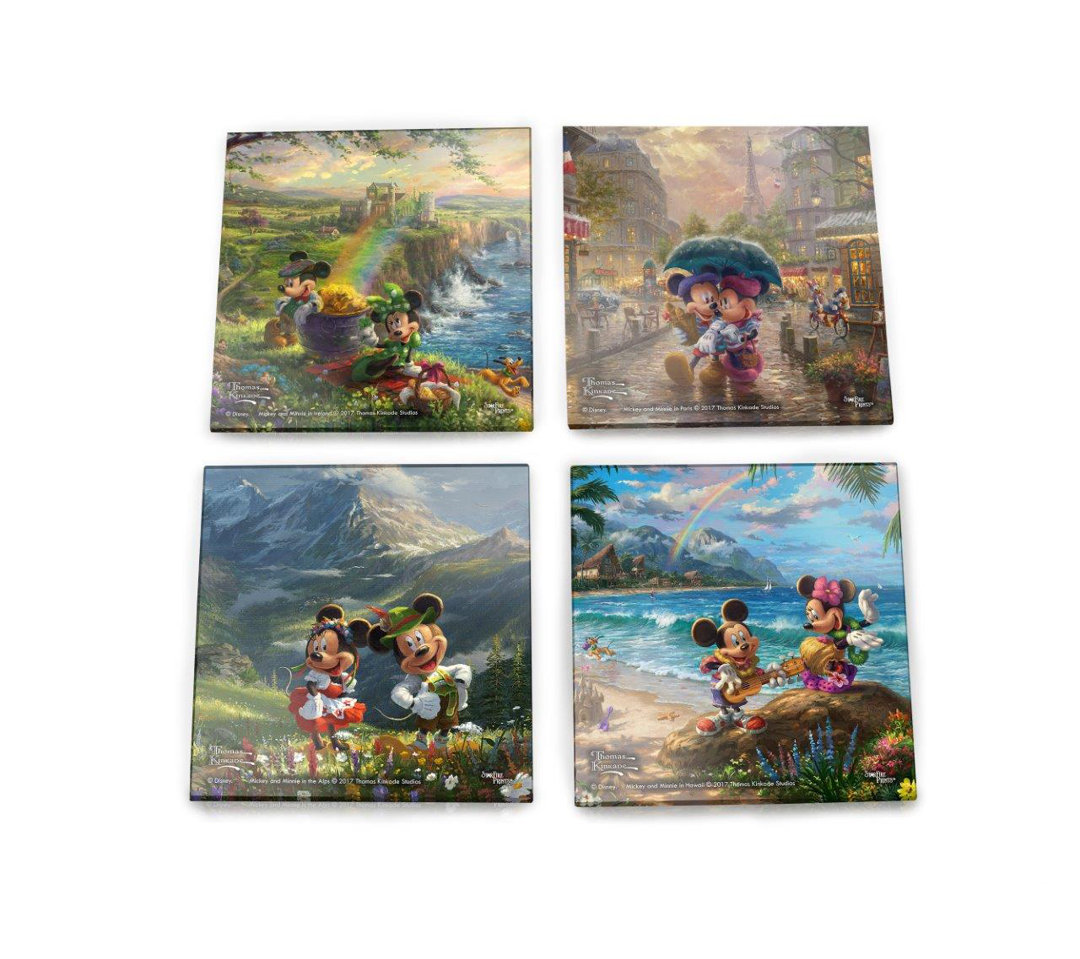 Disney Mickey and Minnie Mouse Tourists Around the World Paris Alps Ireland Hawaii Glass 4 Piece Coaster Set Trend Setters