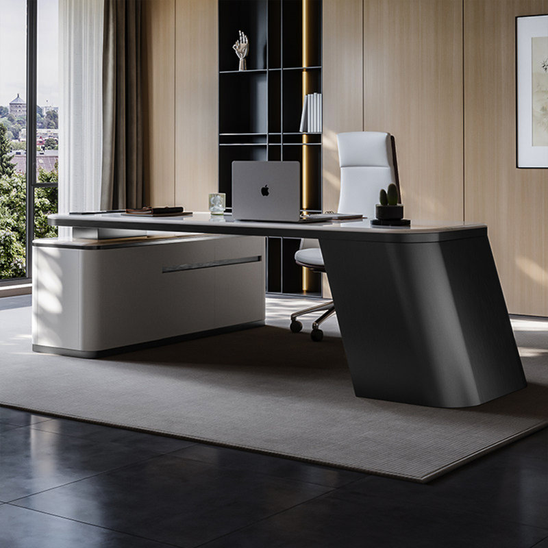 Bureau en pierre frittée en forme de L italien de luxe avec armoire de rangement grande capacité et multiprise multifonctionnelle