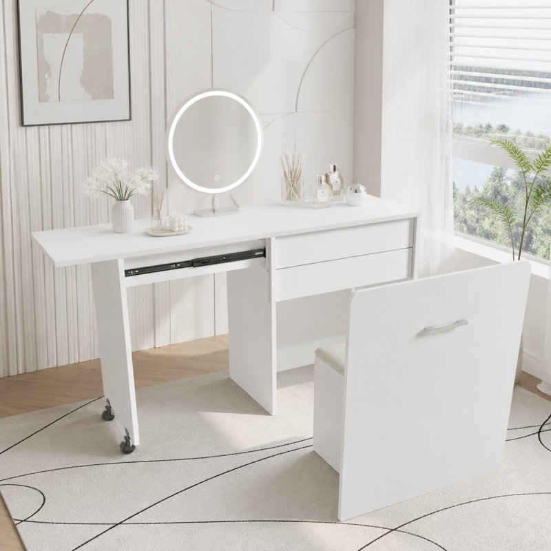 Bureau multifonctionnel extensible, bureau pliable de 47 pouces, table de maquillage avec miroir, 3 modes d'utilisation, équipé d'un tabouret de rangement