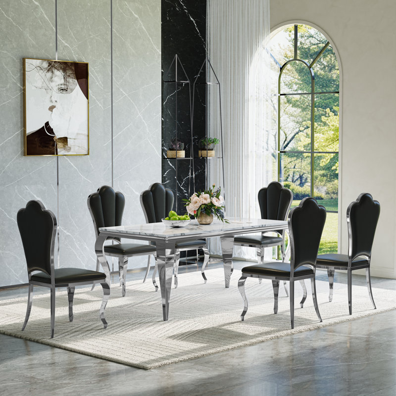 7-Piece Modern Dining Table Set with Faux Marble Top and Upholstered Chairs – Rectangular Table for 6, Stainless Steel Legs