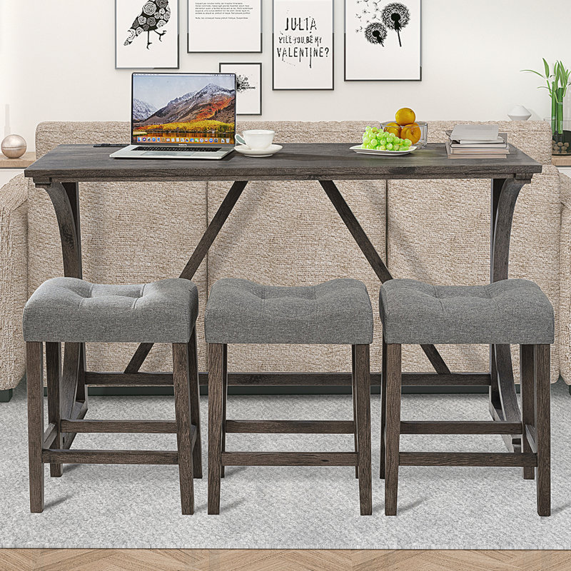 Versatile 4-Piece Bar Table Set with Power Outlet and Comfortable Stools, Gray/Grey