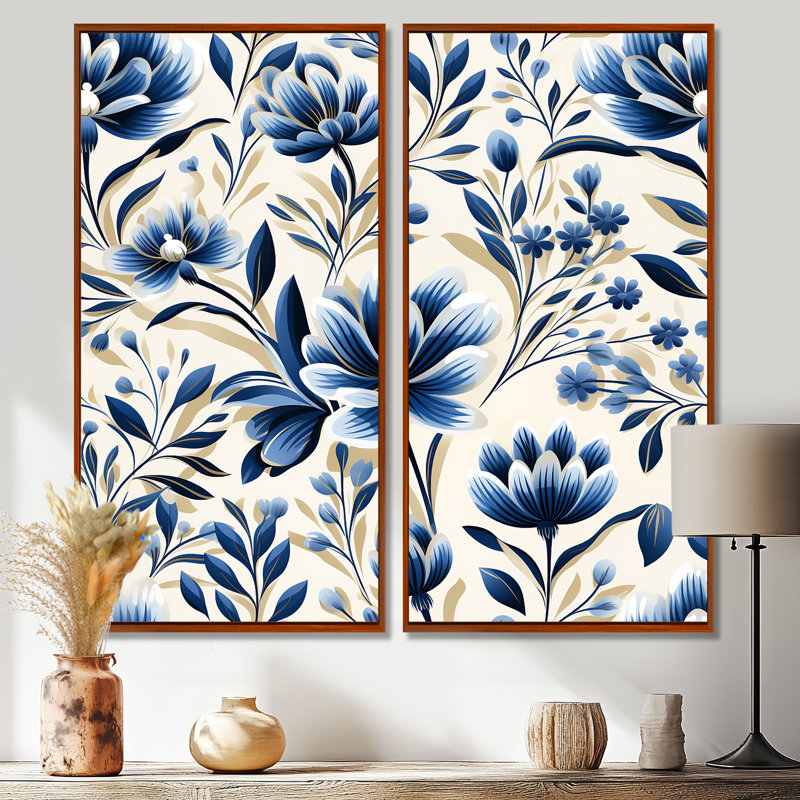 Grandes fleurs bleues et blanches damassées, H 32 po x l 32 po, Impression encadrée flottante, Brun